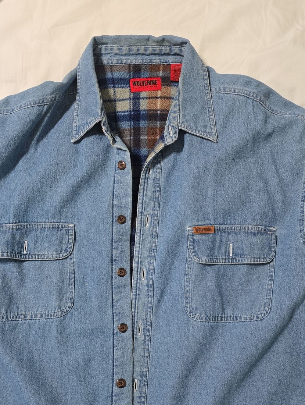 Wolverine Light Blue Denim Button-Down Shirt with Plaid Lining
